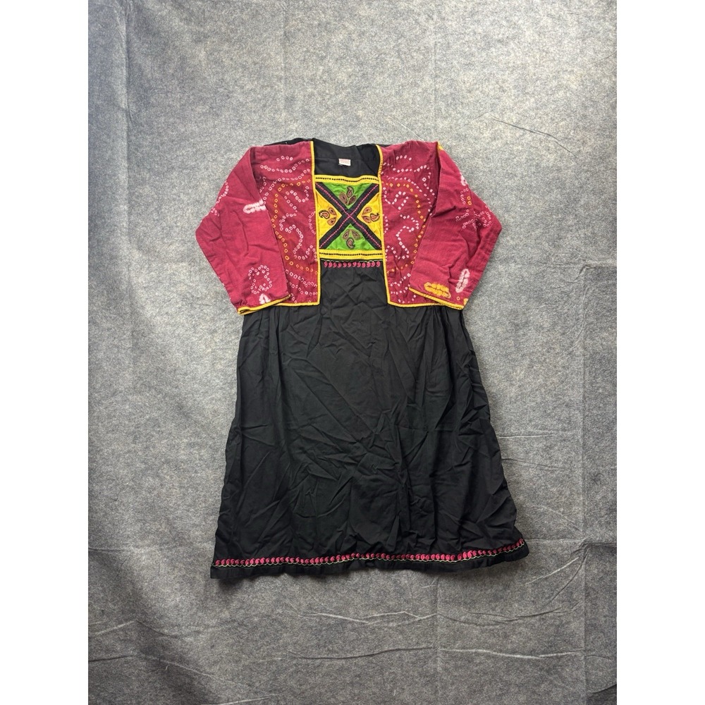 Vintage Afghan Embroidered Black Cotton Tribal Hippy Folk Peasant Midi Dress S/M